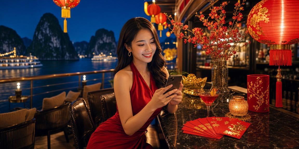 Ảnh phong cảnh Vịnh Hạ Long với đèn lồng đỏ